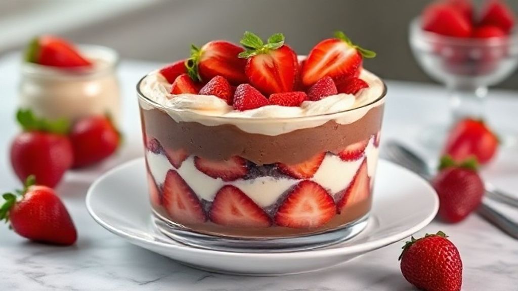 Pavê de chocolate com morango finalizado em travessa de vidro, decorado com morangos frescos e ganache brilhante