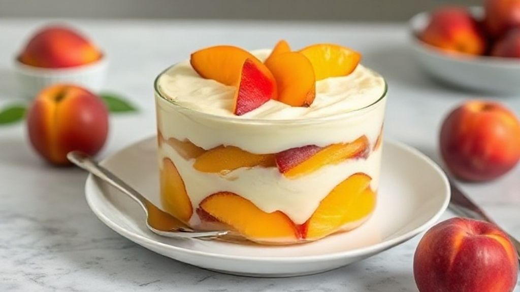 Pavê de pêssego fácil finalizado em um refratário, decorado com pedaços de fruta e coco ralado, aspecto cremoso e convidativo