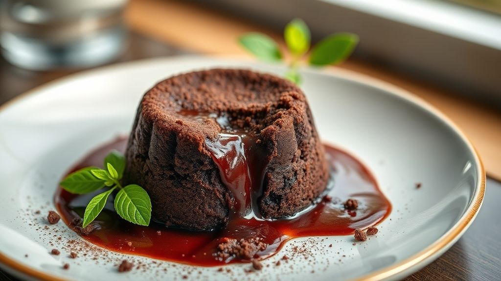 Petit gateau simples e rápido servido em prato branco com sorvete de baunilha ao lado, chocolate derretido escorrendo do centro