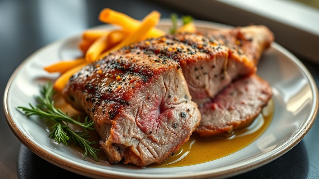 Picanha suína assada no forno, dourada e suculenta, servida fatiada em prato elegante com ervas.