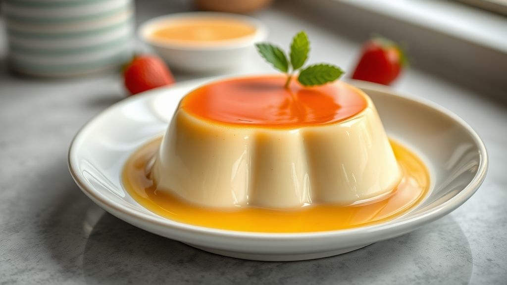 Pudim cremoso de leite condensado pronto, dourado, liso e regado com calda brilhante de caramelo