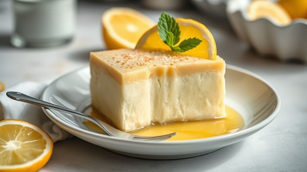 Pudim de limão sem forno finalizado, com textura cremosa, decorado com raspas de limão e hortelã em um prato elegante