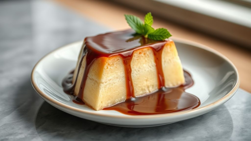 Pudim de sorvete gelado servido em prato grande, coberto por calda de chocolate brilhante e apetitoso