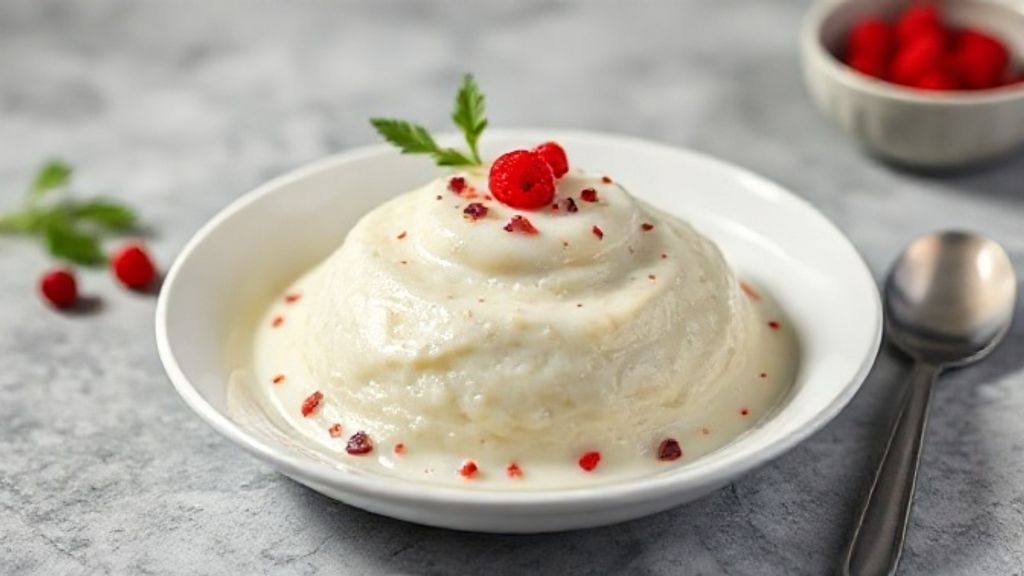 Pudim de tapioca cremoso decorado com coco ralado, bem firme e servido gelado em prato de sobremesa elegante