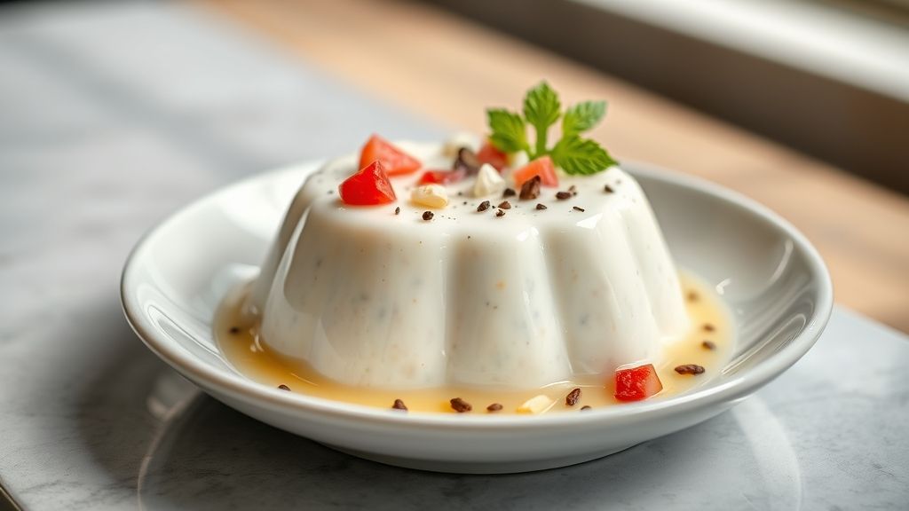 Pudim de tapioca cremoso com calda de caramelo dourada, servido em prato elegante e bem decorado.