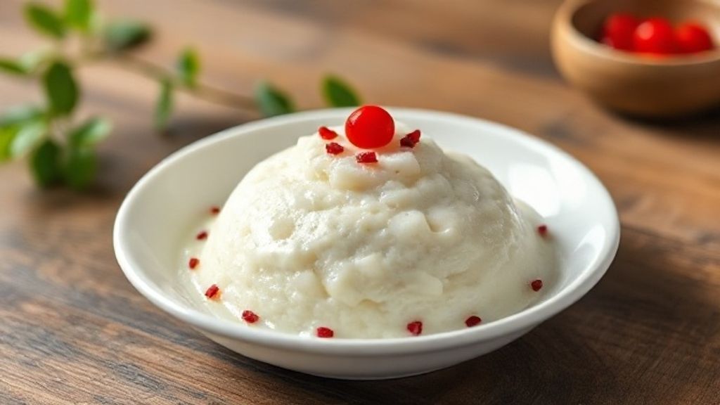 Pudim de tapioca tradicional desenformado, coberto com leite condensado e coco ralado, servido em prato elegante