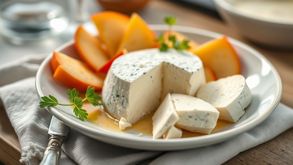 Queijo caseiro fresco e branco, firme, cortado em fatias e servido em tábua de madeira, com aspecto apetitoso
