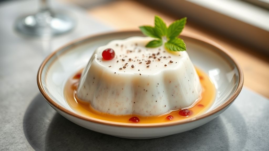 Taça de sagu de vinho gelado, com calda avermelhada e visual brilhante, servido elegantemente em mesa posta.