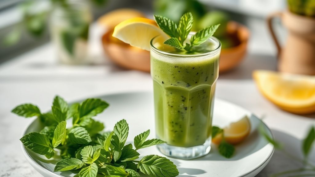 Copo de suco detox verde servido com gelo, limão e folhas frescas decorando a apresentação
