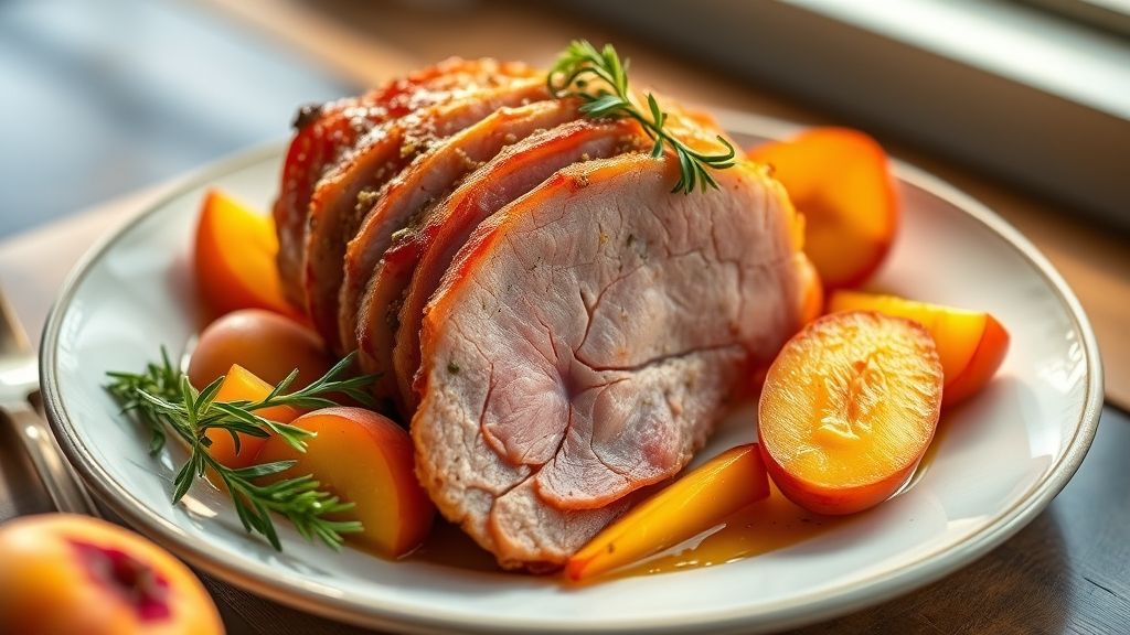 Tender assado dourado, caramelizado, servido com pêssegos e calda brilhante em uma travessa festiva