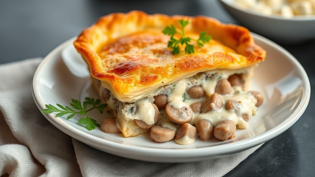 Torta dourada de calabresa com requeijão, cortada em quadrados, cremosa e bem apresentada em uma mesa rústica