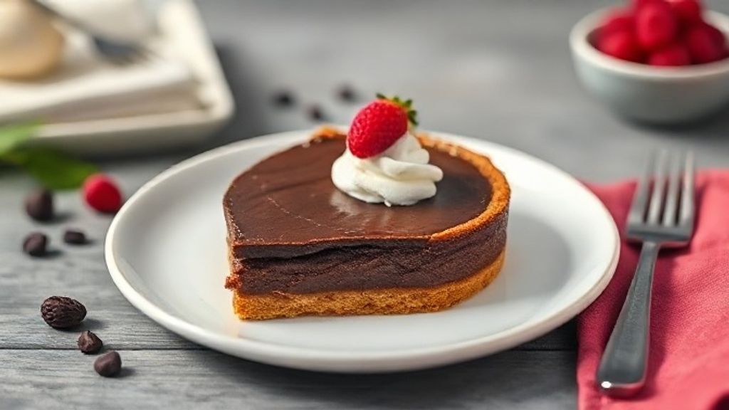 Torta de chocolate simples em prato elegante, com ganache brilhante e raspas por cima, apresentada de forma sofisticada