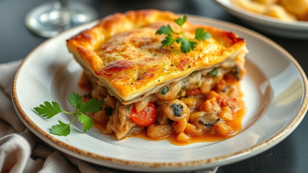 Torta portuguesa salgada dourada e bem recheada, servida em fatias apetitosas em uma mesa posta