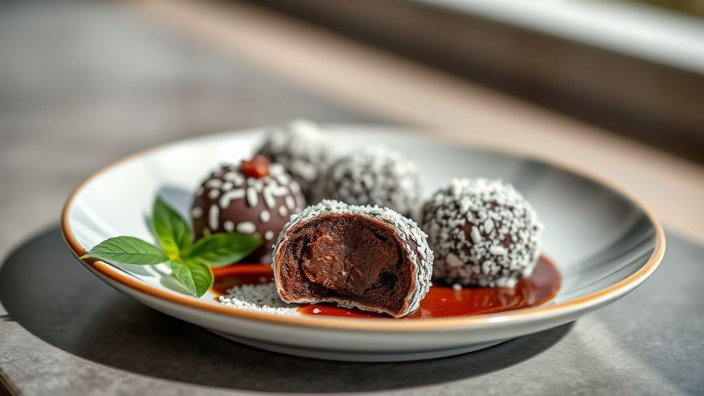 Trufas de brigadeiro com casquinha de chocolate brilhante, bem apresentadas em prato elegante
