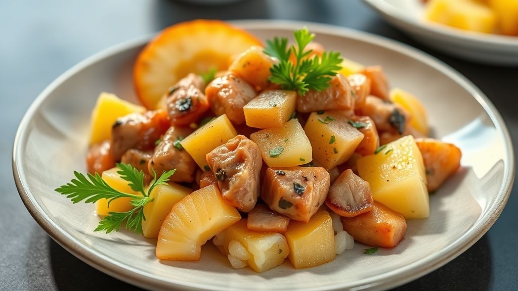 Prato agridoce de abacaxi com carne suína dourada, servido em tigela rústica com molho caramelizado e pedaços de abacaxi fresco.