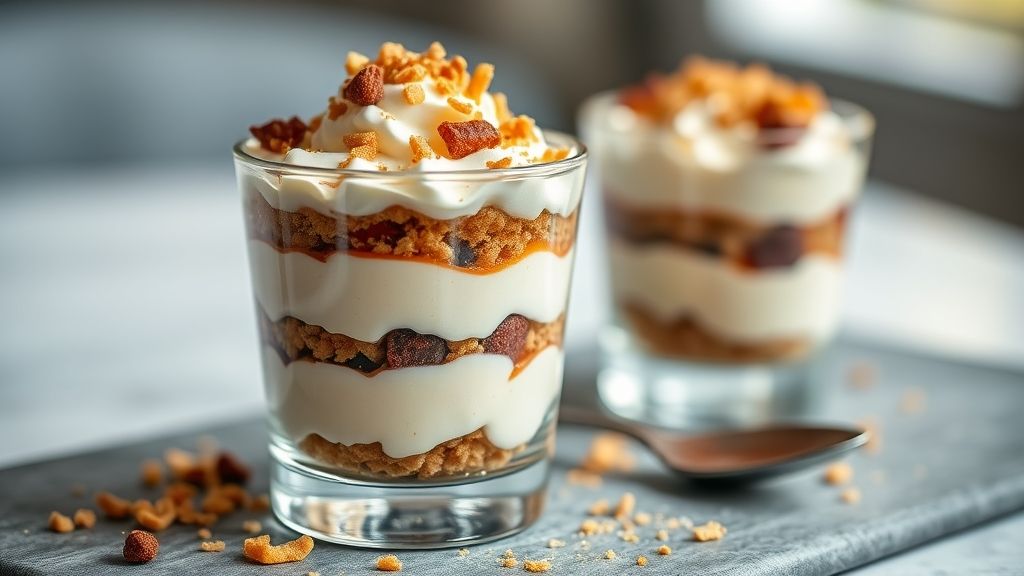 Sobremesa servida em copinhos com camadas visíveis de biscoito, doce de leite e ganache de chocolate, decorada com raspas de chocolate.