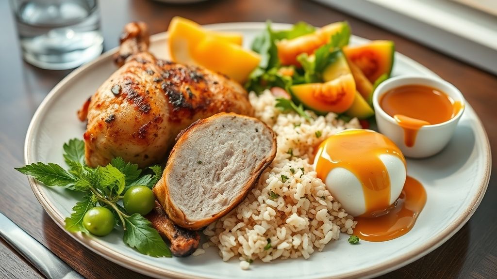 Prato completo e colorido com frango assado, arroz à grega, salada tropical e pudim, pronto para servir.