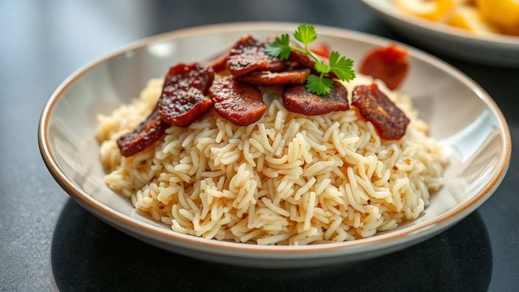 Prato de arroz carreteiro com carne de sol servido em panela de ferro, úmido, colorido e apetitoso.