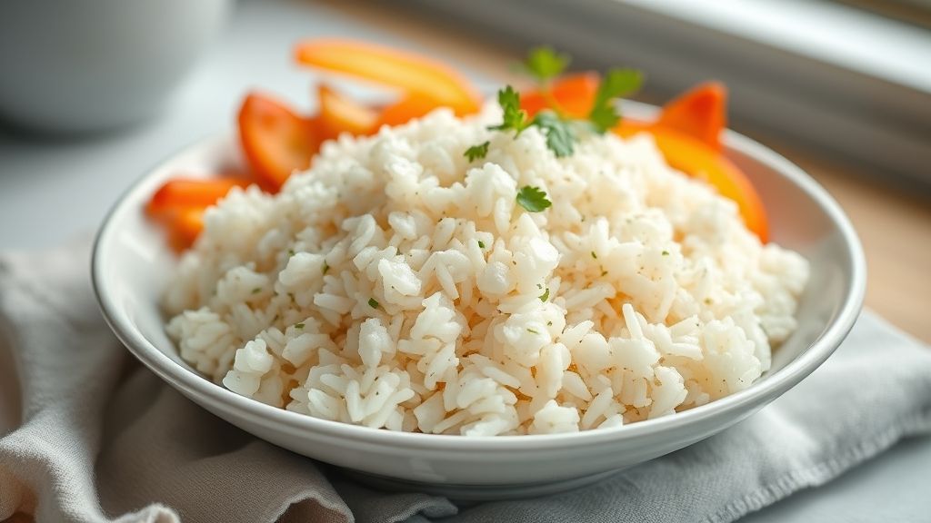 Prato de arroz soltinho e branco servido em tigela de cerâmica, com textura leve e apetitoso