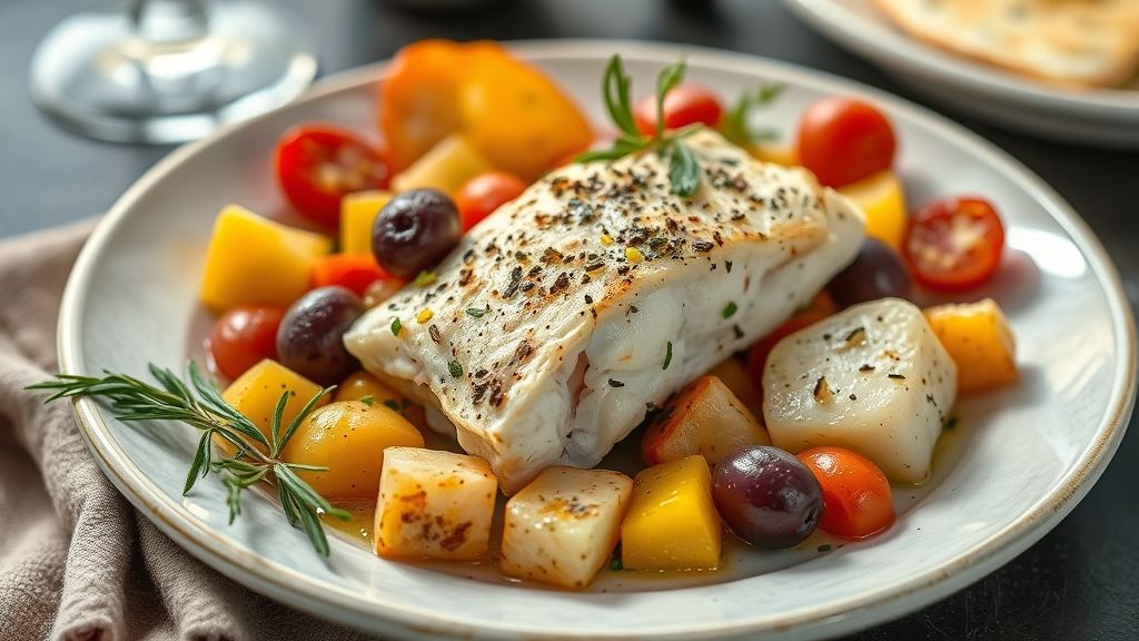 Prato de bacalhau finalizado com batatas, pimentões, ovos e azeite, servido de forma elegante e colorida.