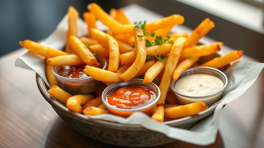 Batatas fritas douradas e crocantes em uma tigela, com sal e molhos ao lado, estilo lanchonete clássica