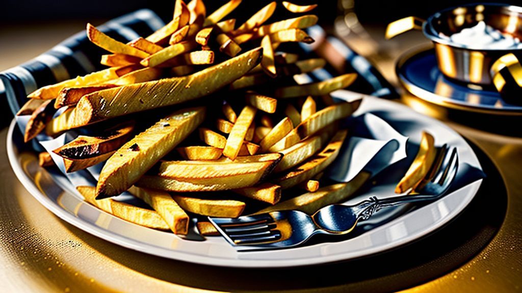Porção generosa de batata frita crocante e dourada em cesto de metal, servida ao estilo fast food, com sal refinado por cima.