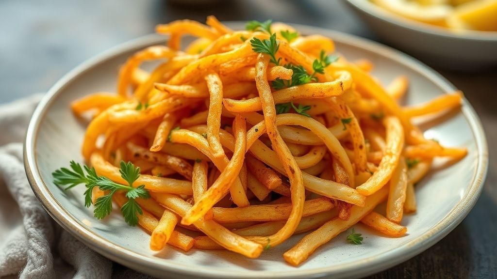 Tigela com batata palha caseira dourada e crocante, servida de forma apetitosa e convidativa.