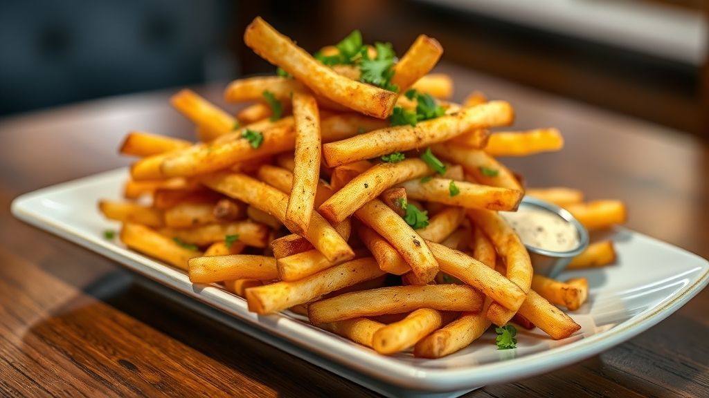 Batatas douradas e crocantes servidas em tigela rústica, salpicadas com ervas e sal grosso