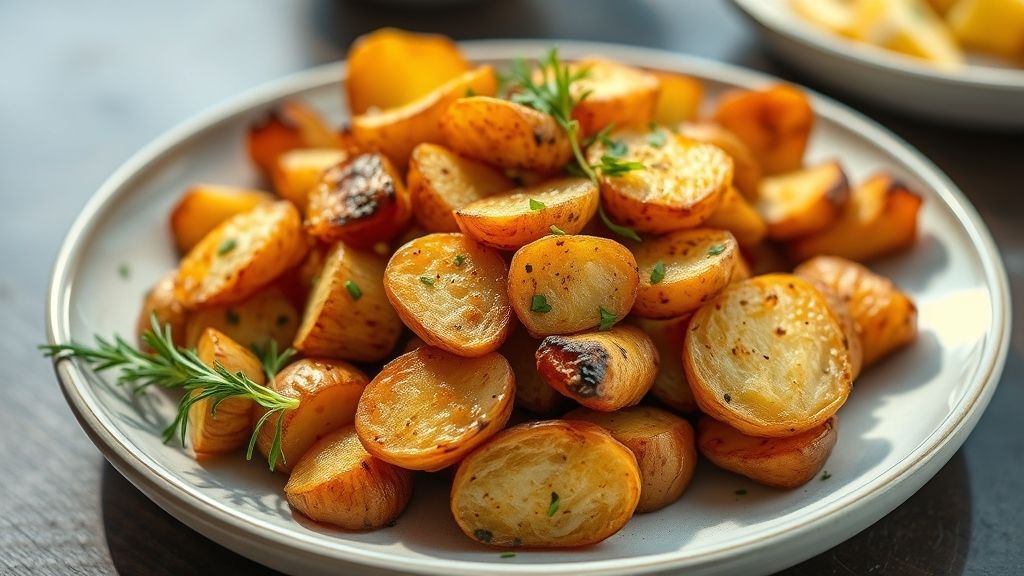 Batatas assadas douradas, com casca, crocantes por fora e macias por dentro, servidas em uma tigela rústica.