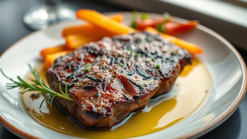 Bife frito no azeite de oliva dourado, suculento e servido com ervas frescas em prato elegante.