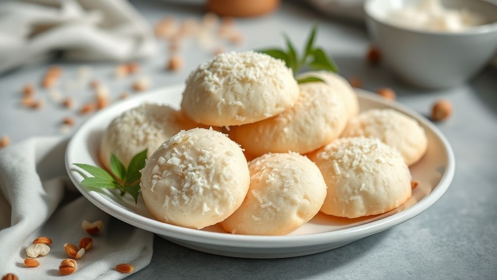 Bolachas de coco com maizena douradas, crocantes e bem apresentadas em prato de porcelana