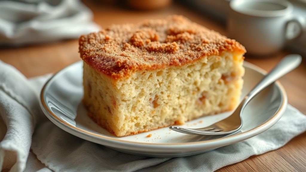 Bolo caseiro simples dourado, com fatias servidas e açúcar e canela polvilhados, em cenário de café da tarde
