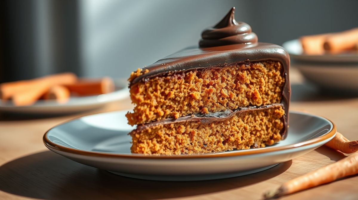 Bolo de cenoura com cobertura de chocolate cremosa e brilhante, cortado e servido de forma apetitosa
