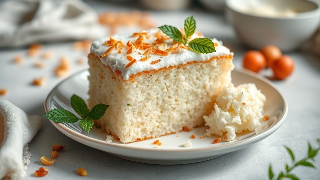 Bolo de coco cremoso e úmido, dourado e coberto com leite condensado e coco ralado, servido em prato branco