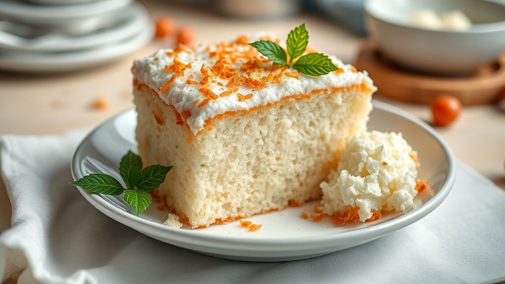 Bolo de coco gelado com textura úmida e cobertura de coco ralado, servido em pedaços apetitosos