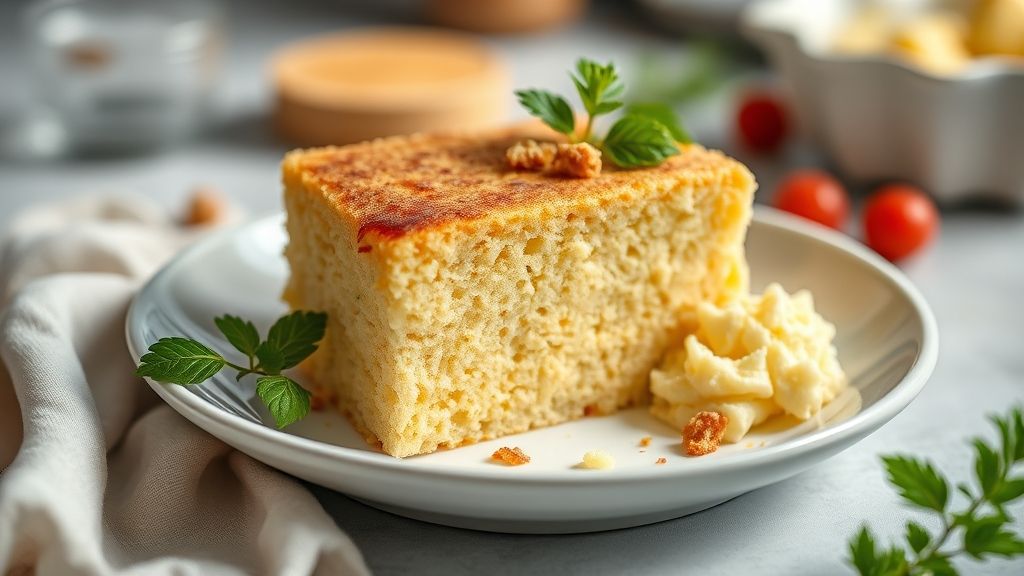 Bolo de fubá cremoso dourado e irresistível, servido em prato branco com textura suave e camada cremosa visível