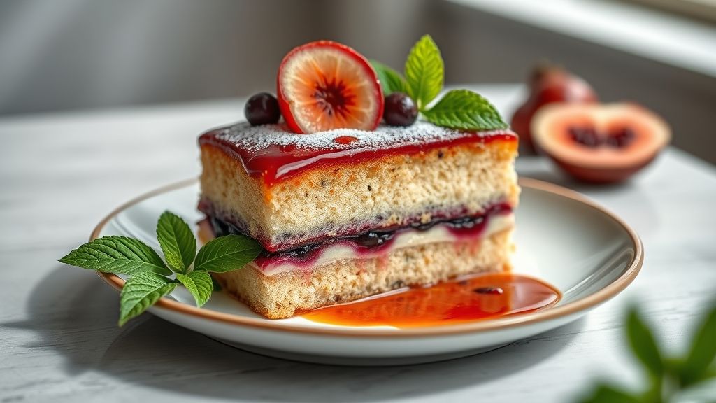 Bolo de jabuticaba pronto, de cor rosada e textura fofa, servido em prato de sobremesa com café.