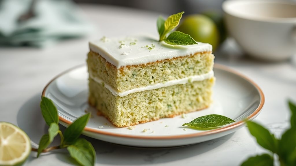 Bolo de limão verde fofinho coberto com creme branco e raspas de limão, servido em prato elegante