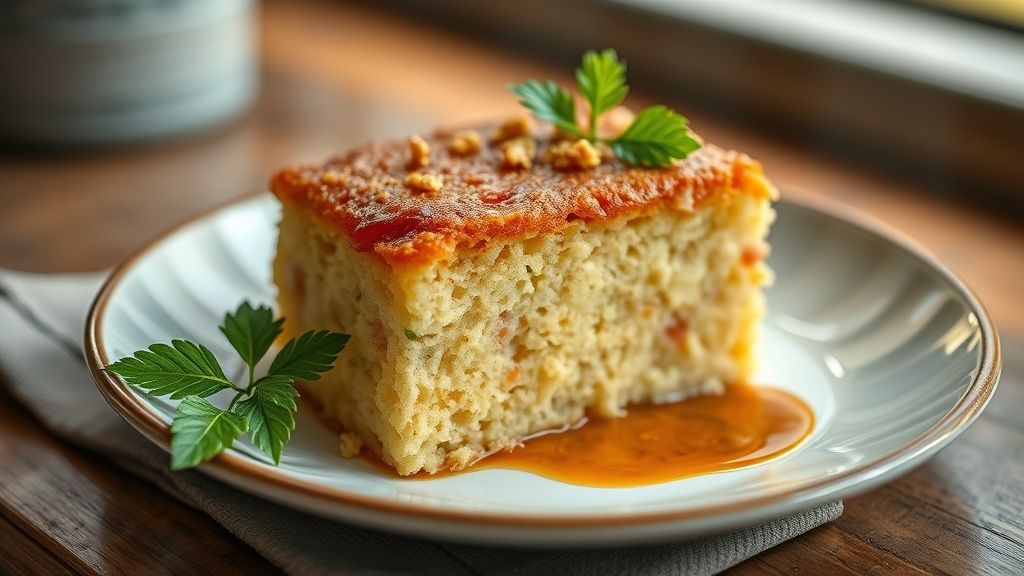 Bolo de mandioca da roça dourado, úmido e rústico, servido em fatias sobre prato de cerâmica com fundo campestre