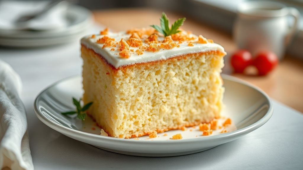 Bolo dourado e macio, servido em prato rústico com uma fatia cortada e textura leve visível