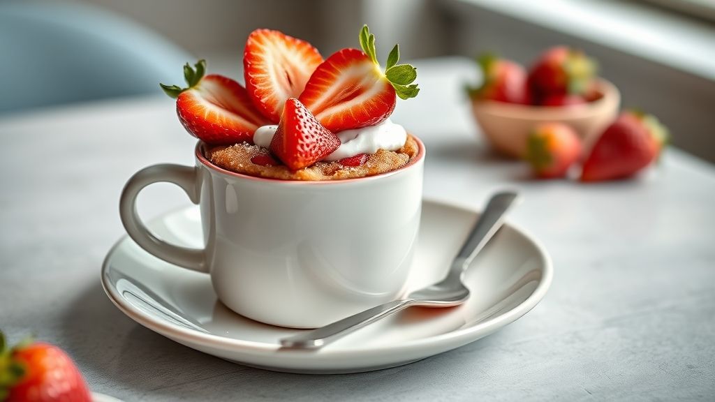 Bolo de morango na caneca fofinho e úmido, decorado com morangos frescos e chantilly, servido em caneca branca charmosa