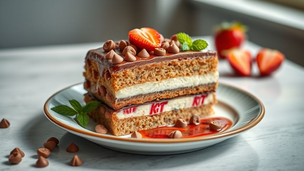 Bolo Kit Kat montado com barras ao redor e confeitos coloridos no topo, com acabamento elegante de fita