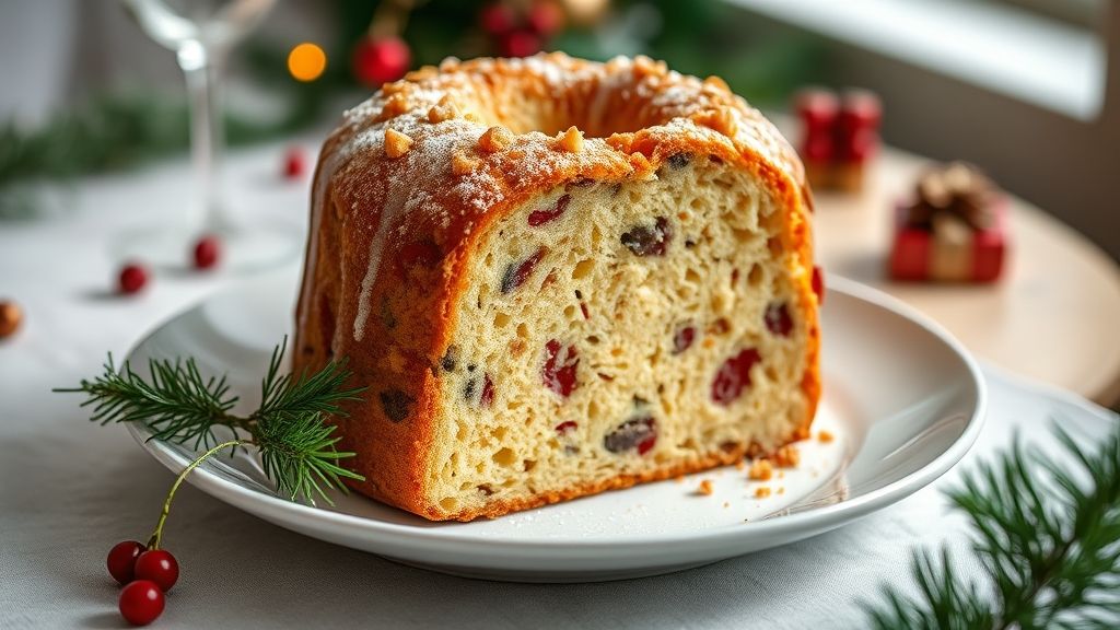 Bolo panetone de Natal dourado e alto, decorado com açúcar de confeiteiro e frutas cristalizadas sobre uma mesa festiva