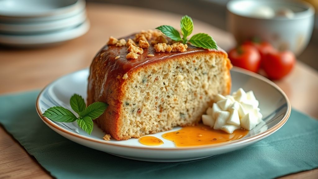 Bolo dourado e úmido, coberto com calda de coco, servido em prato elegante sobre mesa de madeira