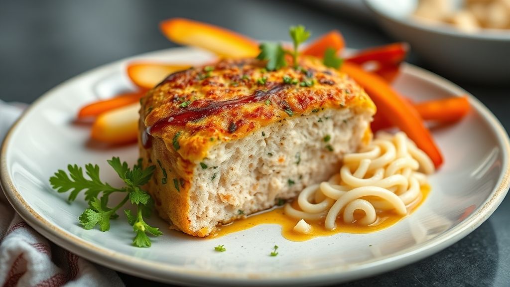 Bolo salgado de frango cremoso decorado com purê, batata palha e ervas frescas, servido em prato branco