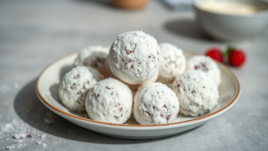 Bandeja com brigadeiros de leite ninho polvilhados, brancos e macios, apresentados em forminhas elegantes