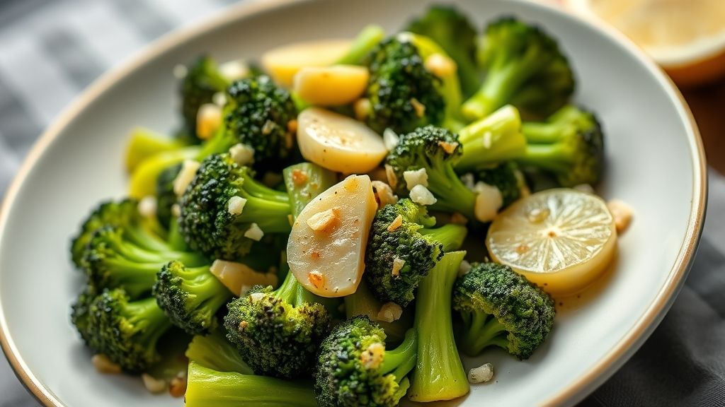 Brócolis simples salteado na manteiga com alho, cor verde intensa e aparência suculenta, servido em prato branco.