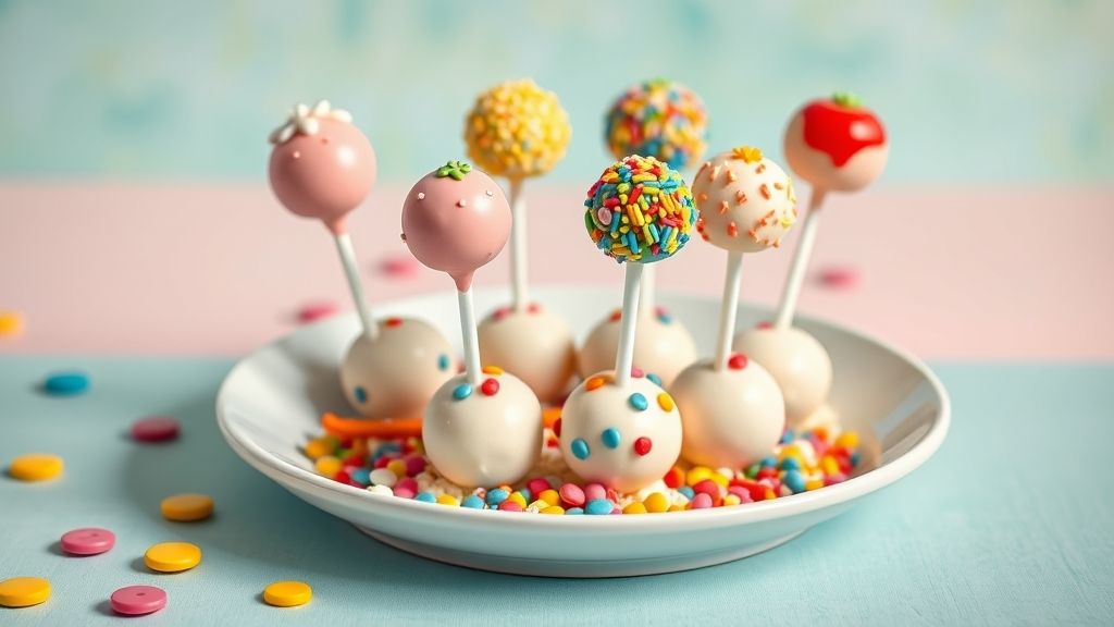 Cake pops coloridos e decorados com confeitos coloridos, expostos em um suporte de festa infantil