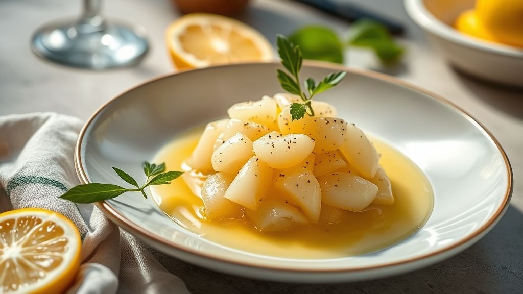 Calda dourada e lisa escorrendo sobre um bolo de baunilha, com raspas de limão e fundo claro e elegante