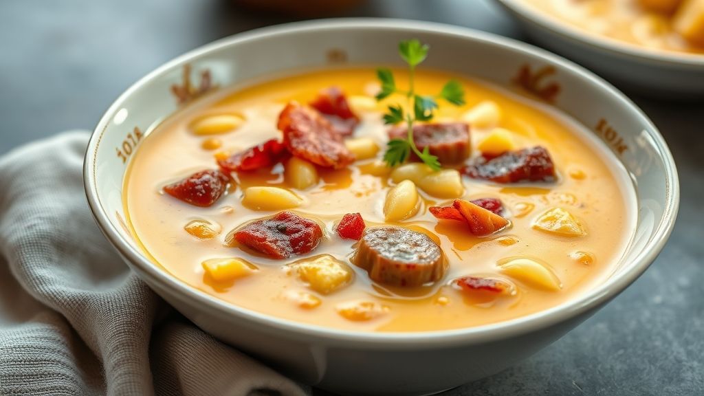 Prato servido em tigela fumegante, com pedaços de calabresa dourada e cheiro-verde por cima, aspecto cremoso e convidativo